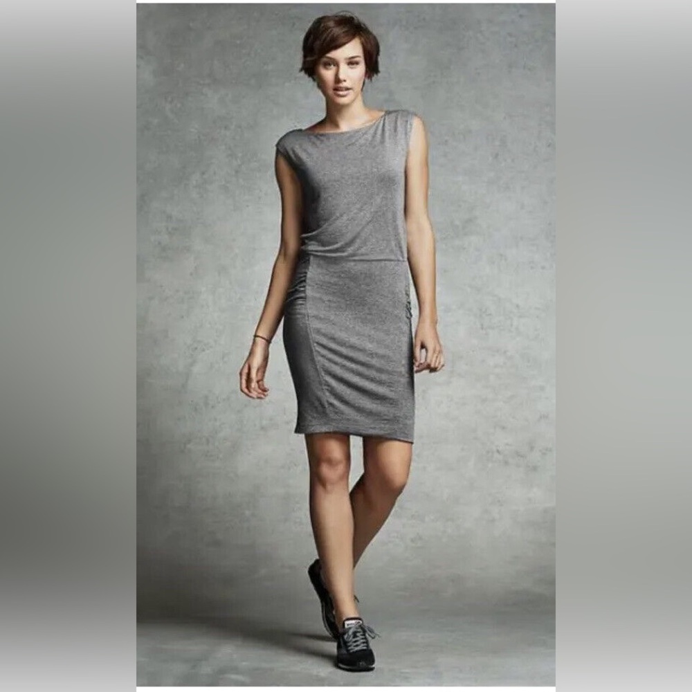 Athleta Gray Micro Stripe Westwood Dress Ruched Sleeveless